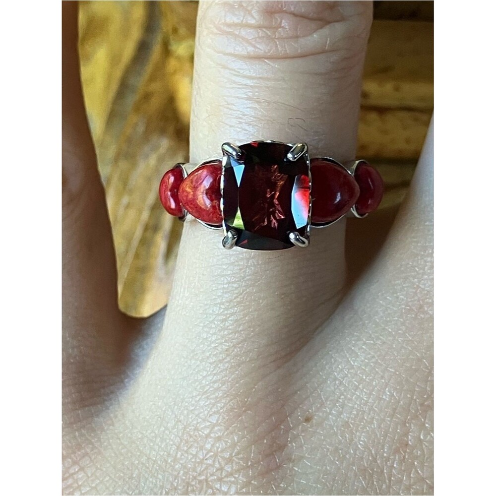 Natural Vermelho Red Garnet Coral Heart Ring Size 6